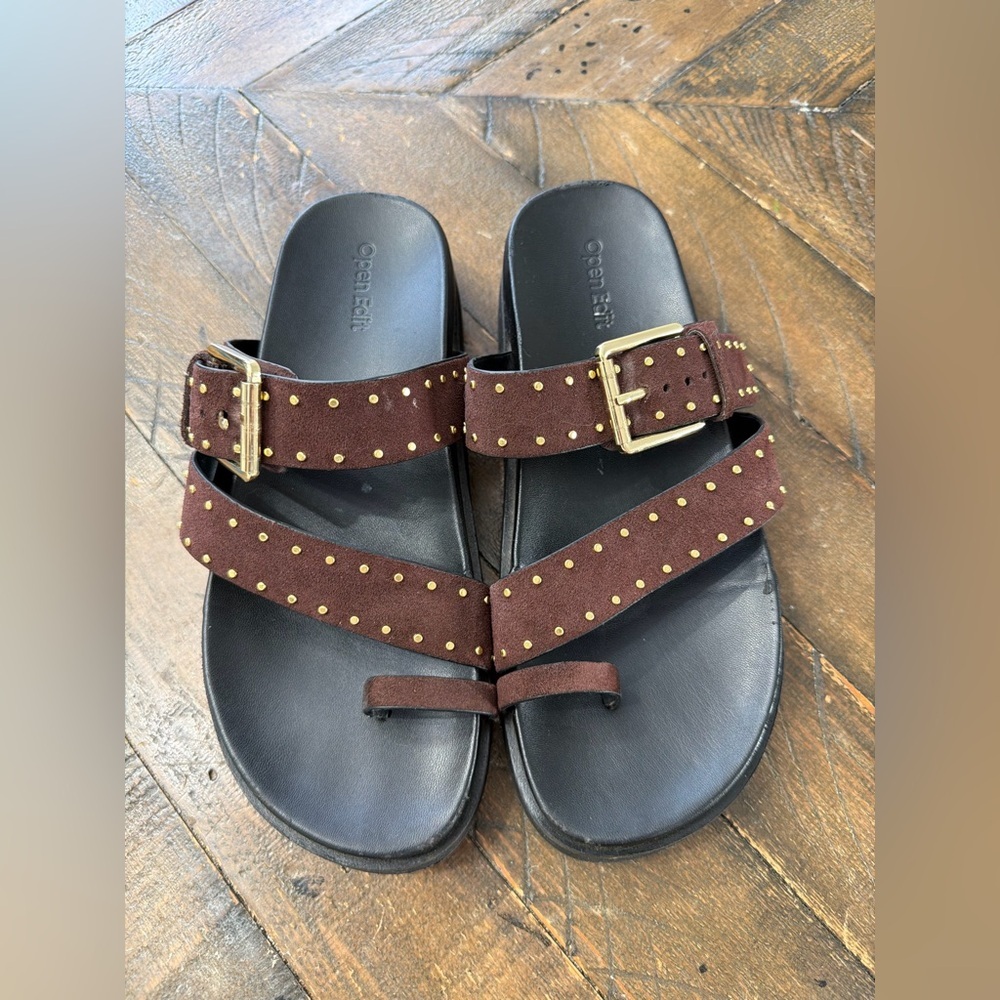 Open Edit Suede feel toe Loop Buckle Brown Studded Sandals - Picture 2 of 4